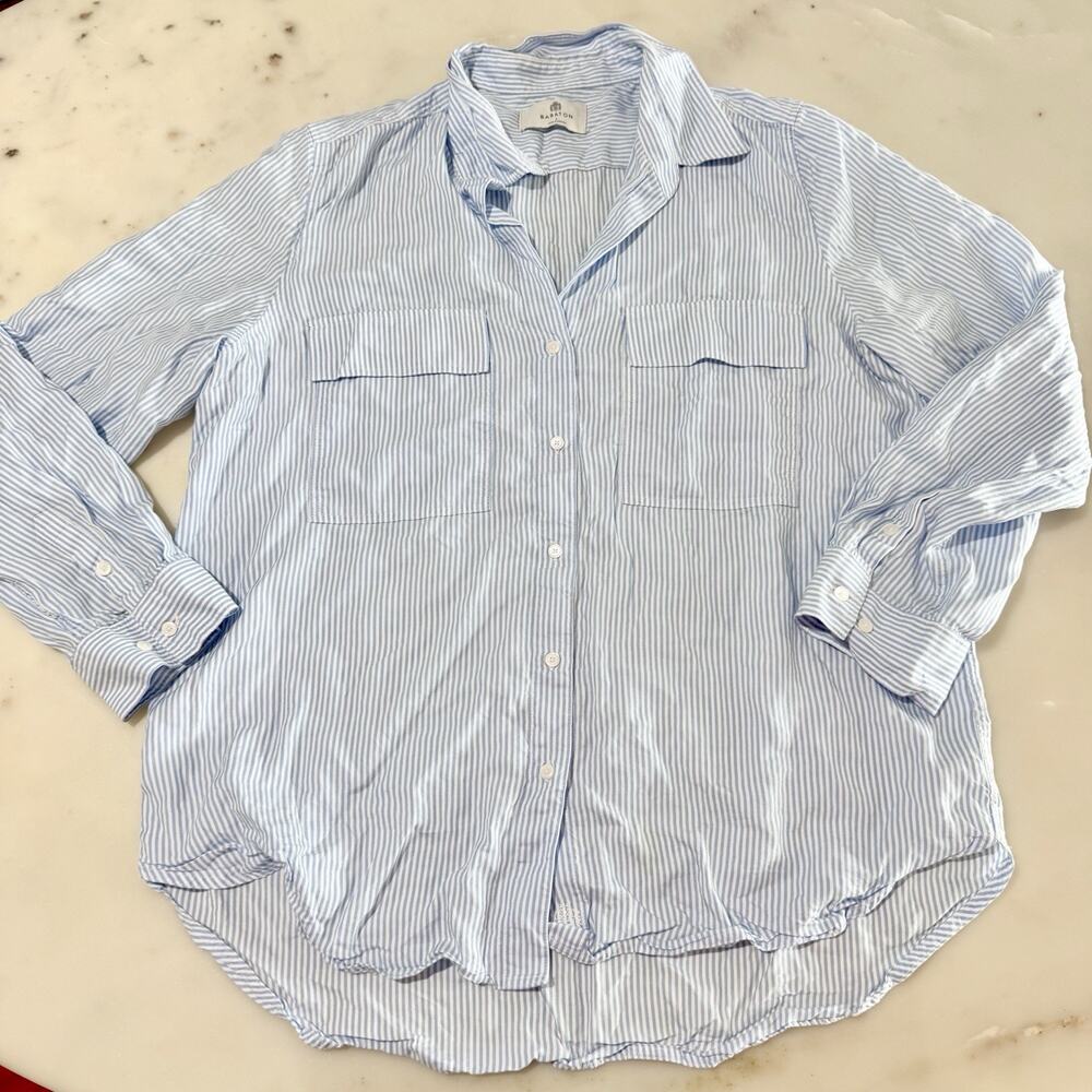 Babaton Aritzia Women’s L Blue White Striped Button Down Shirt Roll Tab Sleeve